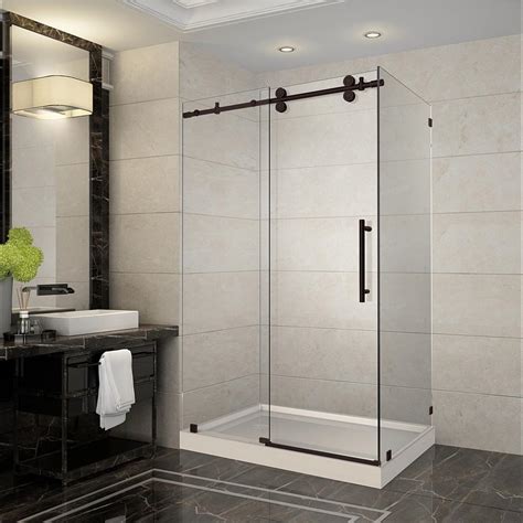 aston langham 48 in x 35 in x 77 5 in frameless corner sliding shower door in bronze left