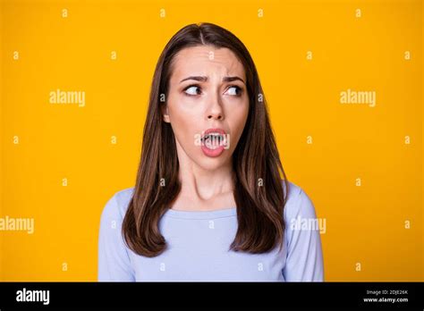 Closeup Photo Of Attractive Pretty Shocked Lady Look Side Empty Space Open Mouth Terrified Eyes