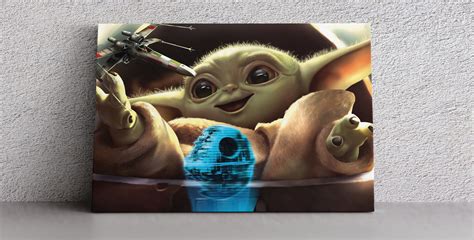 Star Wars Poster Baby Yoda Smiling Playing With Plane Wall Art Etsy