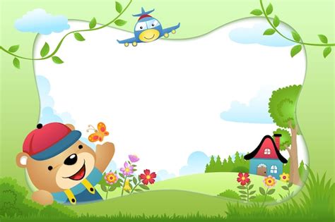 Premium Vector Frame Border Cartoon With Bear And A Plane On Nature