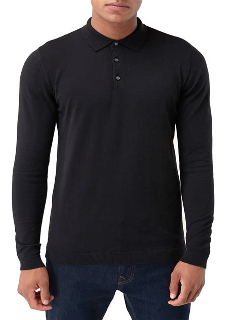 Black Mens Cotton Rich Long Sleeve Polo Shirt Size Xs To Xxl