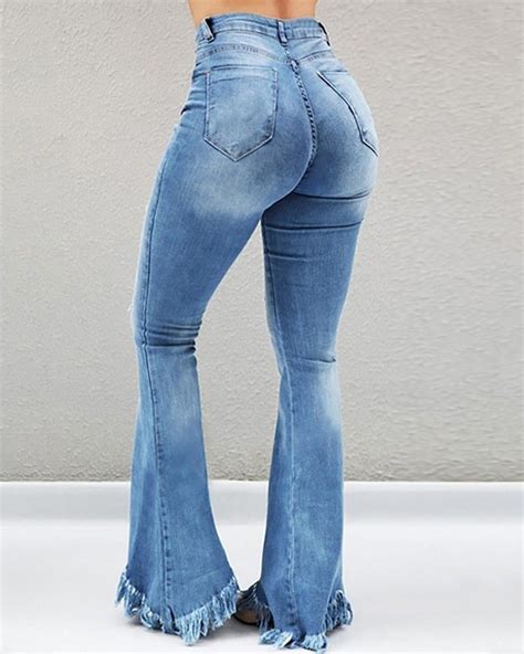 Ripped Bell Bottomed Tassel Denim Pants In 2020 Bell Bottom Jeans