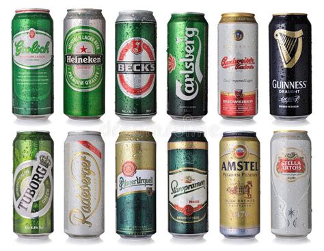 Set Of Beer Cans Collection Of World Famous Beer Brands On White