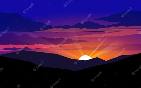Premium Vector Sunset Over Mountain Vector Landscape With Vibrant Sky