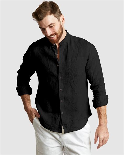 Palma Black Mandarin Collar Linen Shirt Casual Fit Camixa