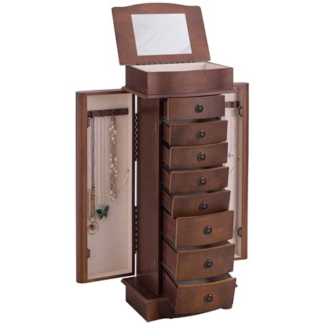 Brown Wood 8 Drawer Jewelry Armoire Chest Storage Cabinet With Mirror