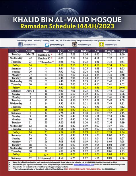 Ramadan Schedule 2023 Toronto Khalid Bin Al Walid Mosque Toronto Canada