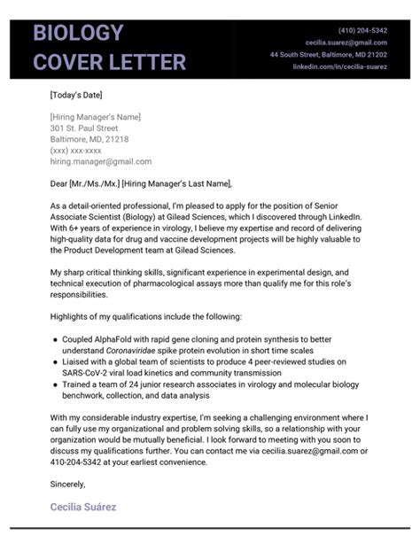 Biology Cover Letter Example And Downloadable Template