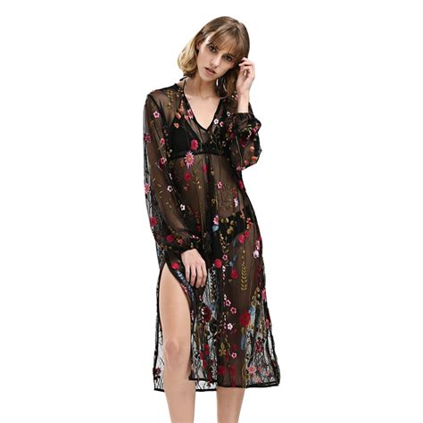 2017 spring summer designer dress women s long sleeve black sexy see through tulle floral