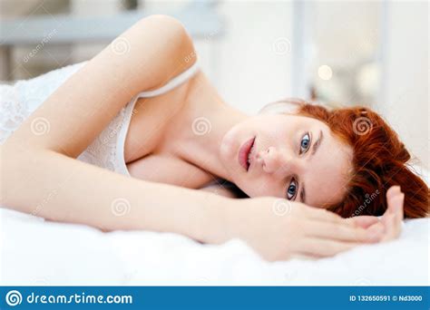 Beautiful Red Haired Woman Lying On Bed Stock Image Image Of
