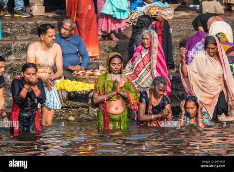 Local People Have Bath In The Ganga River Varanasi India Asia Stock
