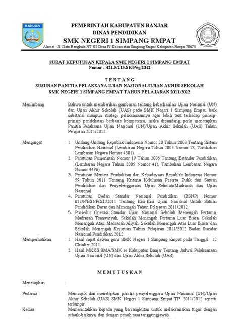 Contoh Sk Panitia Ujian Sekolah 2021 Download Sk Panitia Ujian