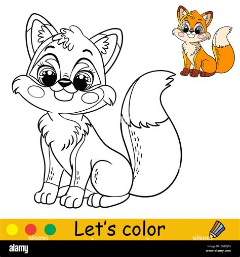 Cute And Happy Sitting Baby Fox Coloring Book Page With Colorful