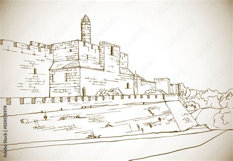 Old Walls Of Jerusalem Sepia Vector Illustration In Hand Drawn Style