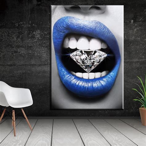 Peinture Sur Toile Avec Lèvre Bleue Et Diamant Affiches Imprimées