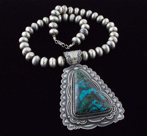 Navajo Sterling Silver Bead Necklace With Natural Chrysocolla Pendant
