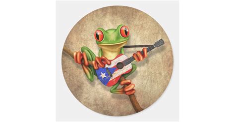 Tree Frog Playing Puerto Rico Flag Guitar Classic Round Sticker Zazzle