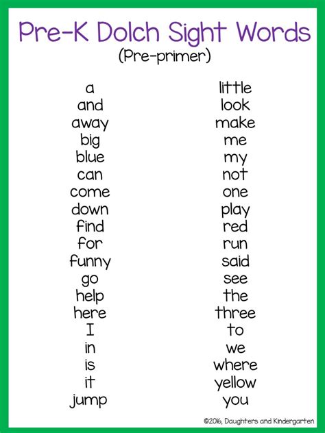 Printable Sight Word List For Kindergarten Printable Kindergarten Sight