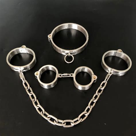 Stainless Steel Metal Neck Collar Handcuffs Ankle Cuffs With Chain Bdsm