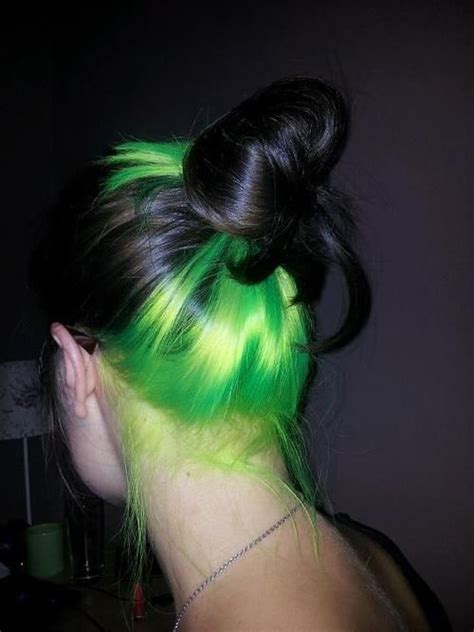 Jet Black Hair Vibrant Neon Green Underneath Neon Green Hair Hidden