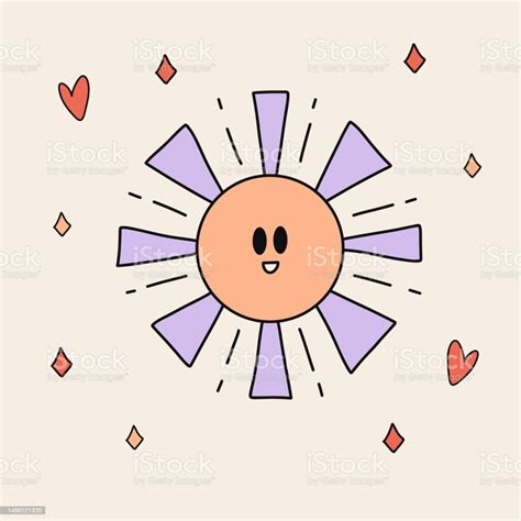 Funny Retro Sticker Of Groovy Sun With Eyes Vintage Cartoon 60s 70s Psychedelic Element Isolated