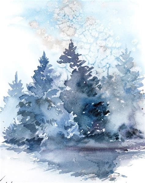 Blue Pine Trees Christmas Artwork Original Watercolor Painting