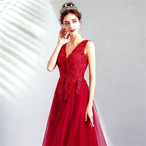 Red V Neck Lace Tulle Long Prom Dress Evening Dress Dress Idea