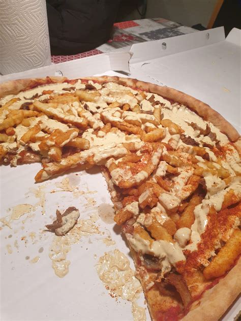 A Norwegian Favorite Pizza With Kebab Meat Fries And Kebab Sauce