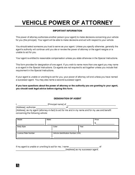 Free Motor Vehicle Power Of Attorney Form Pdf And Word