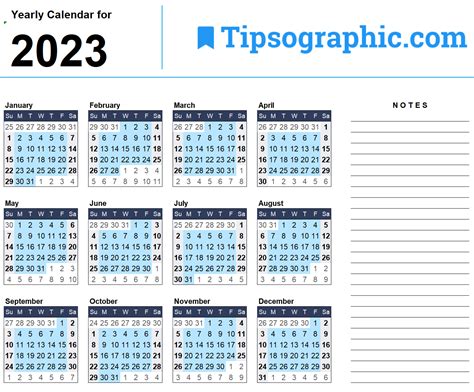 2023 Yearly Calendar Excel Tipsographic