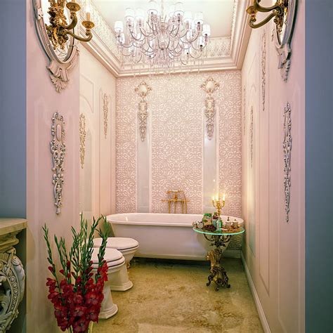Small bathroom design idea with white and light pink interior, bathroom interior decor, bathroom pink bathroom decor french bathroom decor gold bathroom bathroom colors modern bathroom. Luxury Pink Bathroom Detail with Chandelier - Interior ...