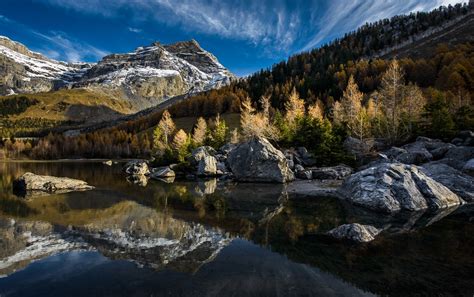 Lake Mountain Forest Reflection Switzerland Fall Snowy Peak