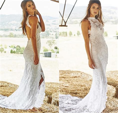 2015 Boho Lace Bohemian Wedding Dressesfront Split Beach Bridal Gowns