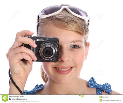 Blonde Teenager Photographer Girl With Camera Stock Image