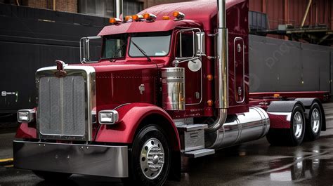 젖은 주차장에 주차된 빨간색과 흰색 세미 트럭 피터빌트 트럭의 사진 수송 트럭 배경 일러스트 및 사진 무료 다운로드