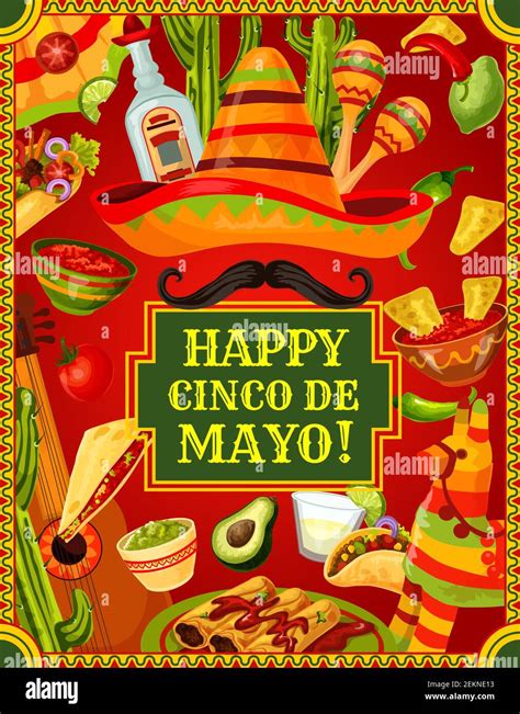 Happy Cinco De Mayo Mexican Holiday Celebration Symbols Food And