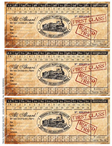 printable vintage train ticket birthday invitation