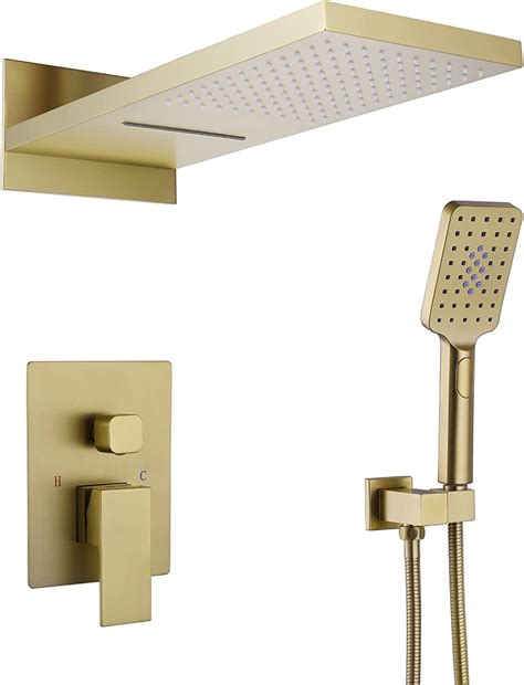 Taplong Brushed Gold Shower System With Rectangular 3 Function Rainfall Waterfall Shower Head