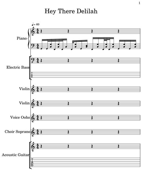 Hey There Delilah Sheet Music For Piano Electric Bass Violin Voice