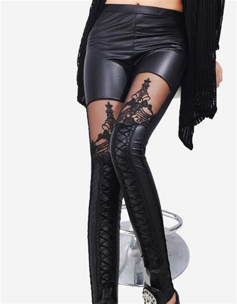 Black Punk Gothic Fashion Women Leggings Sexy Pu Leather Stitching Embroidery Hollow Lace