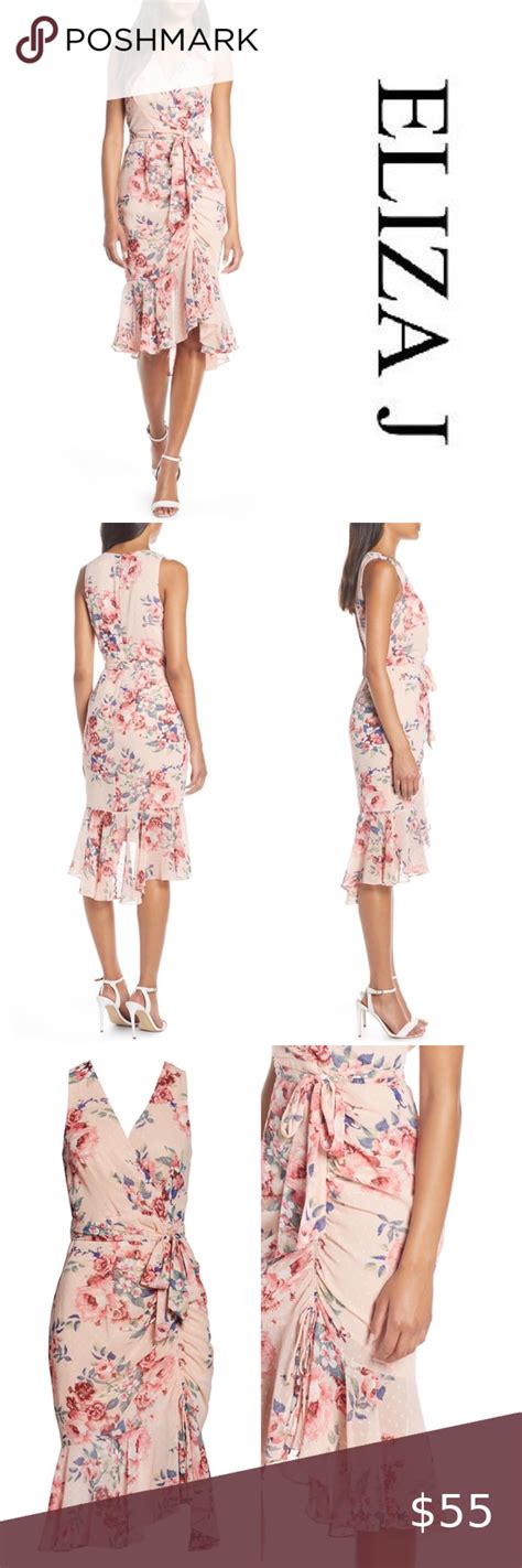 Buy Eliza J Floral Ruched Chiffon Faux Wrap Dress Cheap Online