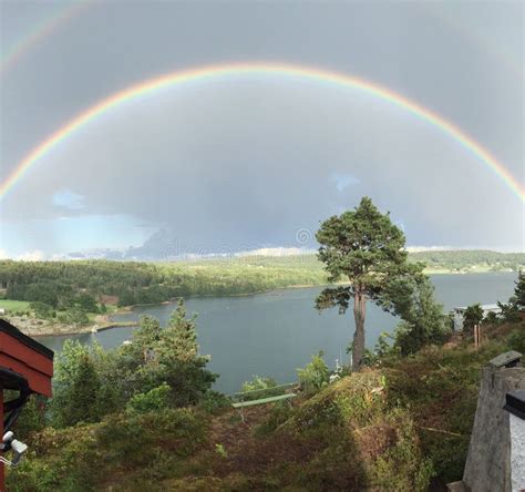 Double Rainbow Over Lake Stock Image Image Of Fjord 82086763