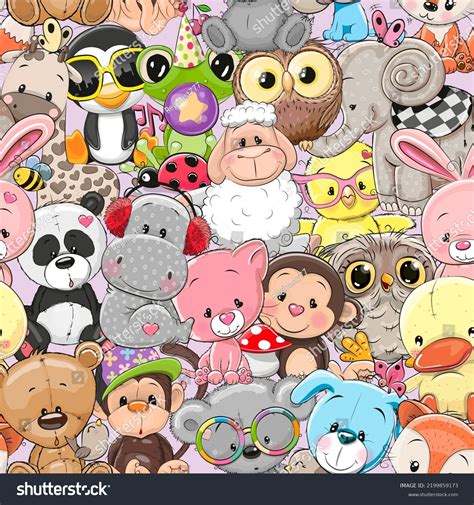 Seamless Pattern Cute Cartoon Animals Stok Vektör Telifsiz 2199859173