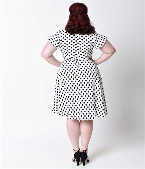 Unique Vintage Plus Size 1940s Style White And Black Dot Formosa Swing Dress Plus Unique