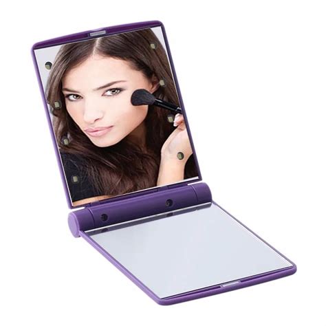 Woman Portable Makeup Cosmetic Foldable 2 Sided Pockets Mirror With 8 Led Lights Lamps Purple