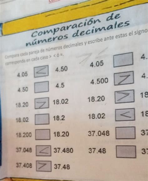 Comparación De Números Decimales Con Para Cada Pareja De Números