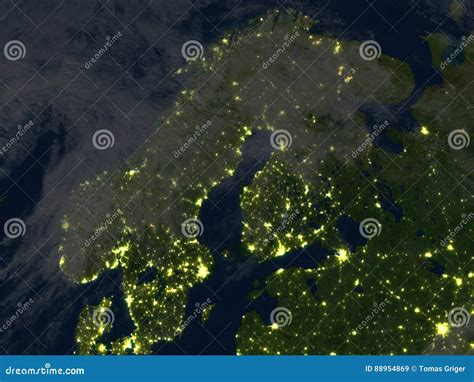 Scandinavian Peninsula At Night On Planet Earth Stock Illustration