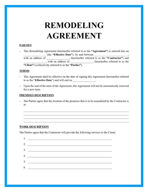 Printable Free Remodeling Contract Template Word Printable Templates