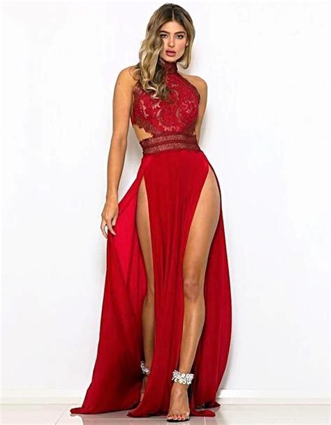 Womens Red High Split Halter Evening Dress Instyle Fashion Halter Evening Dress Prom