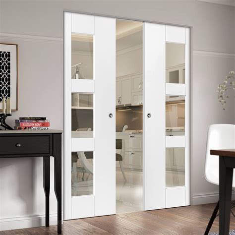 Geo Absolute Evokit Double Pocket Doors Clear Glass White Primed